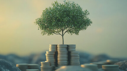 Poster - Step of coins stacks with tree growing on top, money, saving and investment or future financial planning, concept for business, innovation, growth and money