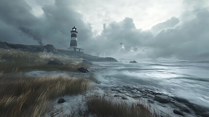 Aufkleber - Storm waves over the lighthouse in a cloudy day
