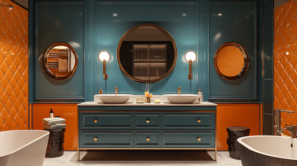 Poster - Stylish bathroom interior with two sinks and dresser, mock up frame