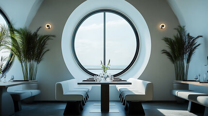 Poster - Stylish eating room interior with table and seats, panoramic window, empty wall