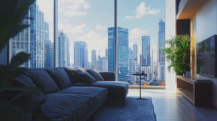 Poster - Stylish living room interior with couch and panoramic window, mockup wall