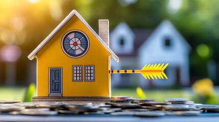 Aufkleber - Successful real estate sales concept, featuring a symbolic arrow hitting the bullseye on a target, representing the achievement of a sales goal in the perfect location for a house