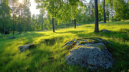 Poster - Summer forest with glade, green grass, rocks and trees