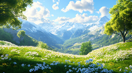 Aufkleber - Summer landscape of a mountain valley with green grass, trees and bushes with flowers under a blue sky 3d illustration