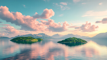 Poster - summer landscape with green islands on the surface of the water, mountains on the horizon under the 