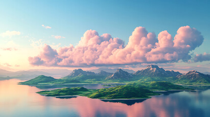 Poster - Summer landscape with green islands on the surface of the water, mountains on the horizon under the sky with fluffy pink clouds 3d illustration