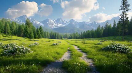 Aufkleber - Summer landscape with mountains in the distance, green grass, trees, bushes, path 3d illustration