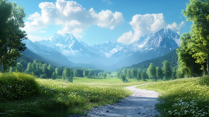Aufkleber - Summer landscape with mountains in the distance, green grass, trees, bushes, path 3d illustration