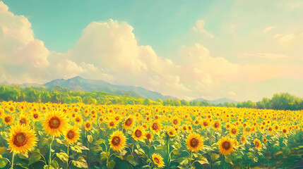Aufkleber - Sunflower field with vibrant yellow and green colors in an impressionist oil painting style