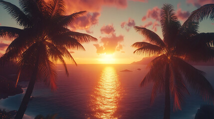 Aufkleber - Sunset with palm trees in front of an ocean