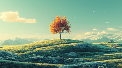 Poster - Surreal nature landscape with green field and lone tree, illustration
