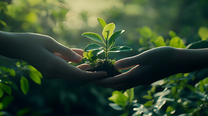 Poster - Sustainability partners trust mission of ecosystem plant business holds green plants together symbolizing green business company with development ecology concept