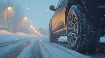 Poster - Suv car on snow road, car tires on winter road covered with snow, vehicle on snowy alley in the morning at snowfall