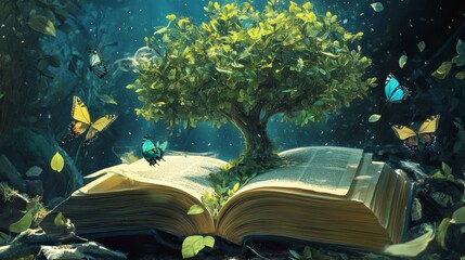 Poster - Magical tree growing from open book surrounded by butterflies in enchanted forest.
