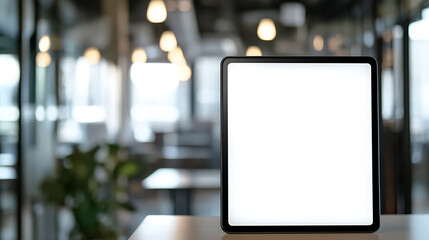 Poster - Tablet computer with blank screen on blurred office background, copy space