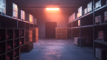 Poster - Temperature-controlled refrigerated storage cold room and warehouse with shelves and pallets