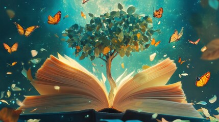 Aufkleber - A tree growing from an open book surrounded by butterflies and petals.