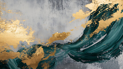 Aufkleber - The abstract art background has golden brushstrokes and textured background, oil on canvas, modern art, horses, green, gray, wallpapers, posters, cards, murals, carpets, wall hangings, prints