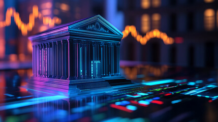Poster - The bank model is illustrated on the table with a stock market background, financial institutions in charge of monetary and fiscal policy, and interest rate setting institutions