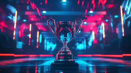 Leinwandbilder - The e-sports winner trophy standing on the stage in the middle of the arena with neon lights background