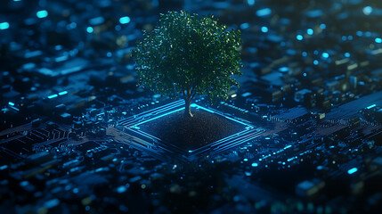 Leinwandbilder - The converging point of a computer circuit board has a tree growing in the soil, a wireframe and blue light background evoke a green computing, green technology, and green it concept, csr and it
