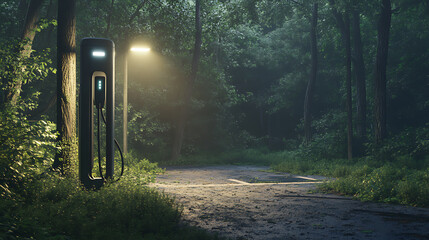 Poster - The electric car charging station is located in the forest