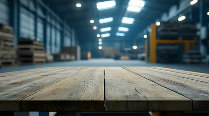 Aufkleber - The empty wooden table top with blur background of warehouse storage, exuberant image, for mock up or banner