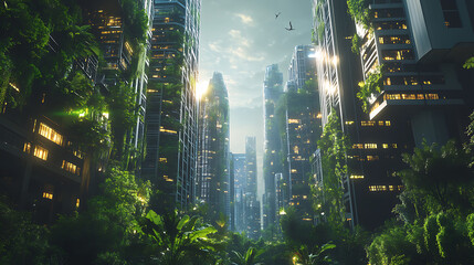 Aufkleber - Theآ green cityآ of theآ future, spectacular eco-futuristic cityscape esg concept full with greenery, skyscrapers, park