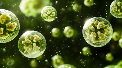 Poster - The immunotherapy medical approach, featuring floating viruses in a microscopic view, the image illustrates the concept of using the bodys immune system to fight diseases, particularly cancer