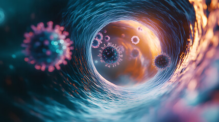 Fototapete - The immunotherapy medical approach, featuring floating viruses in a microscopic view, the image illustrates the concept of using the bodys immune system to fight diseases, particularly cancer