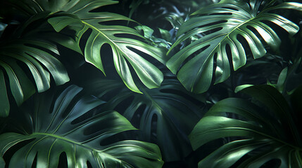 Poster - The large leaves of the tropical tree lie one on top of the other, overlapping each other, 3d rendering