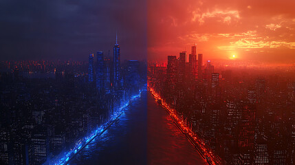 Aufkleber - The nighttime modern city is divided into two parts by blue and red light, 3d rendering