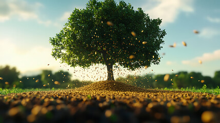 Poster - The mustard seed, mustard seed falling on the ground and big tree in the background
