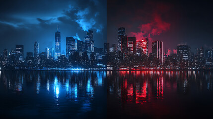 Aufkleber - The nighttime modern city is divided into two parts by blue and red light, 3d rendering