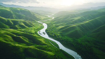 Aufkleber - The river flowing among the green hills