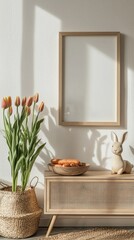 Poster - A warm and inviting atmosphere is created by vibrant tulips and a charming bunny figurine, beautifully arranged on a wooden cabinet, all illuminated by gentle sunlight