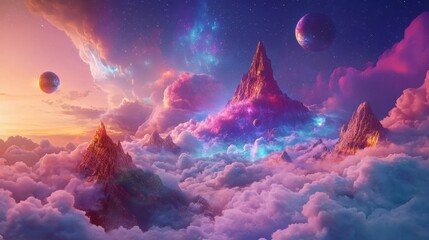 Aufkleber - Vibrant fantasy landscape with colorful mountains, clouds, and celestial bodies.