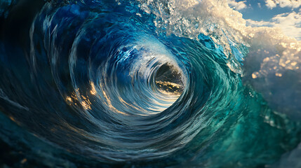 Poster - The water swirls into a whirlpool, the water is blue and clear, the wave takes the shape of a pipe, inside the whirlpool you can see the bubbles and foam, photo of the inside of the wave, 3d rendering