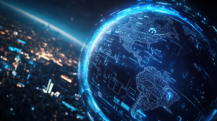 Poster - The world surrounded by technology and an image of a city