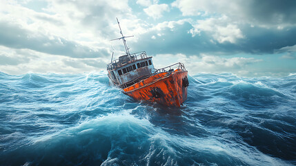 Poster - The wreck floats amidst the storm in the sea, 3d illustration