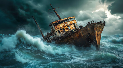 Poster - The wreck floats amidst the storm in the sea, 3d illustration