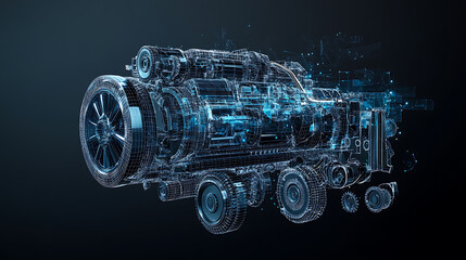 Poster - This is a modern illustration of a piston engine car isolated on a black background with gear mechanismsa mechanic or repair service concept bannera polygonal wireframe style