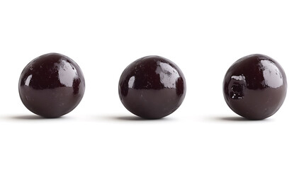 Poster - Three delicious black olives, isolated on white background, based on