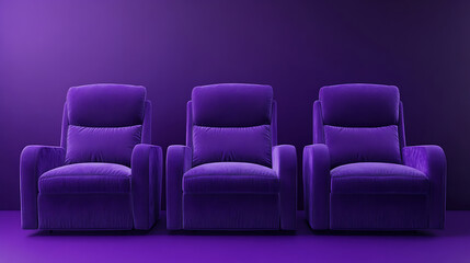 Poster - Three plush purple theater seats, a deep purple backdrop, a clear frame, a product shot, a wide shot, a square shot, a packshot, and no shadows