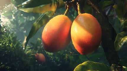 Poster - Three ripe mangoes on a tree