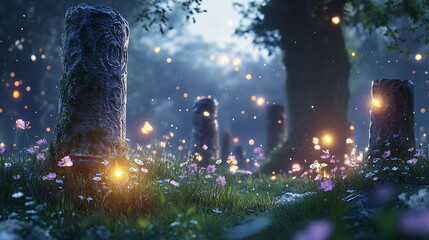Leinwandbilder - Tiny glowing flowers and old stone pillars on glade grass