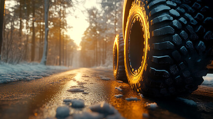 Aufkleber - Tires designed for winter conditions on a sunlit asphalt road within a forest