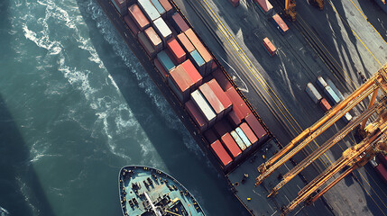 Poster - Top view from the height of the loading and unloading of a container ship, aerial view, panoramic shot