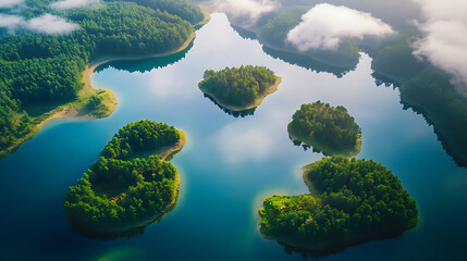 Poster - Top view of a big lake with small green islands