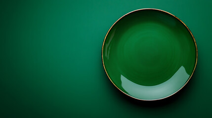 Poster - Top view of empty green plate on dark green background